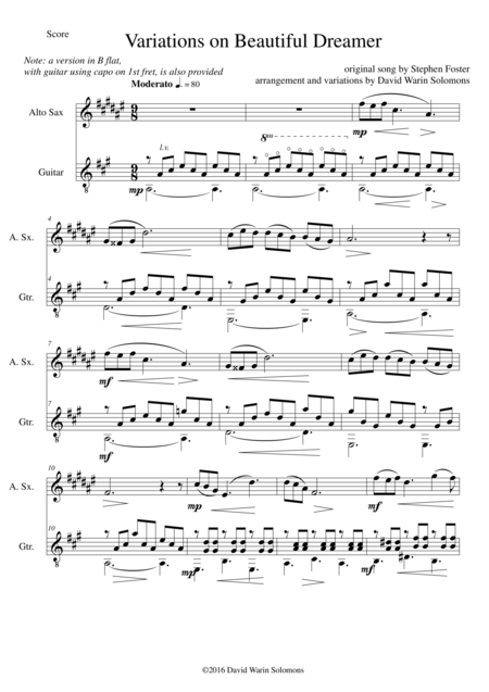 Variations On Beautiful Dreamer For Alto Saxophone And Guitar Sheet Music