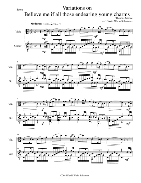 Free Sheet Music Variations On Believe Me If All Those Endearing Young Charms For Viola And Guitar
