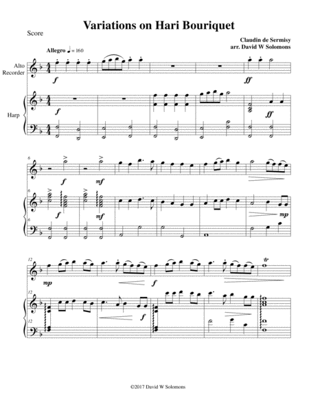 Free Sheet Music Variations On Hari Bouriquet For Alto Recorder And Harp