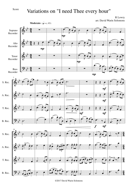 Variations On I Need Thee Every Hour For Recorder Quartet Sheet Music