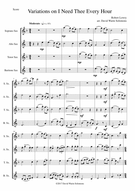 Variations On I Need Thee Every Hour For Saxophone Quartet Sheet Music