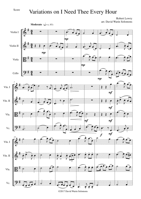 Free Sheet Music Variations On I Need Thee Every Hour For String Quartet