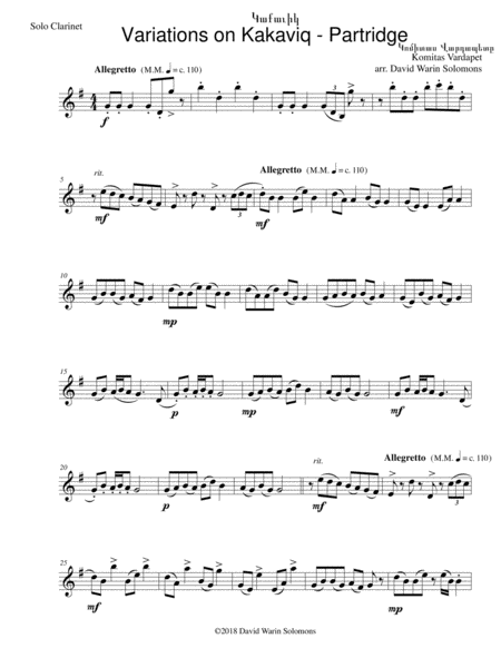 Variations On Kakaviq Partridge For Clarinet Solo Sheet Music