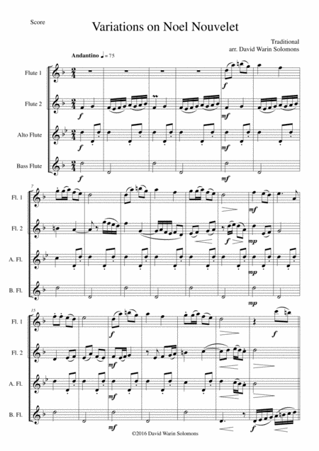 Variations On Noel Nouvelet For Flute Quartet Sheet Music