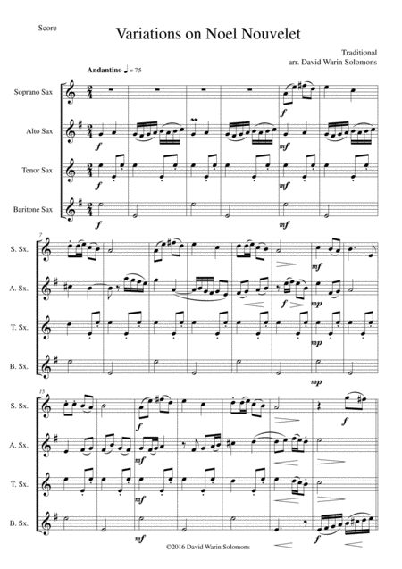 Free Sheet Music Variations On Noel Nouvelet For Saxophone Quartet