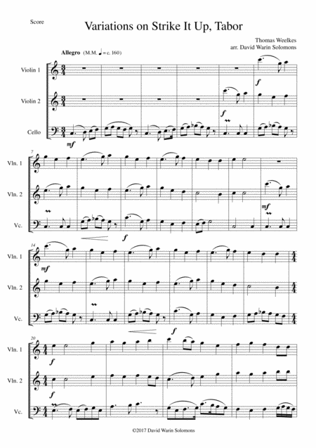 Free Sheet Music Variations On Strike It Up Tabor For 2 Violins And Cello