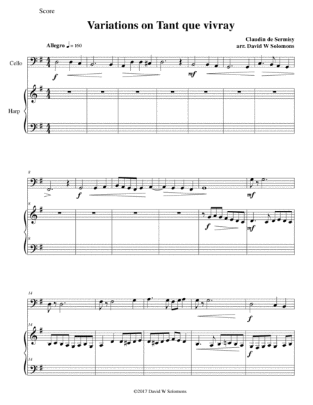 Variations On Tant Que Vivray For Cello And Harp Sheet Music