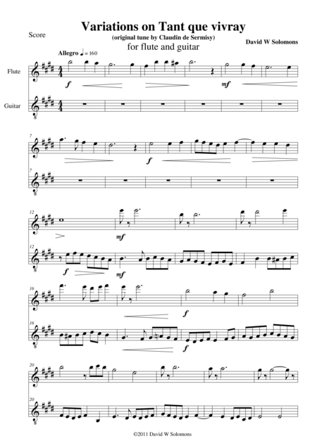 Variations On Tant Que Vivray For Flute And Guitar Sheet Music