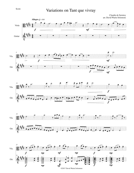 Variations On Tant Que Vivray For Viola And Guitar Sheet Music