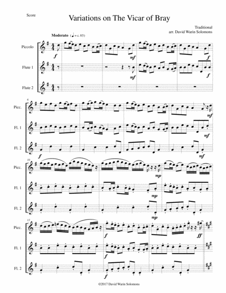 Free Sheet Music Variations On The Vicar Of Bray For Flute Trio Piccolo And 2 Flutes
