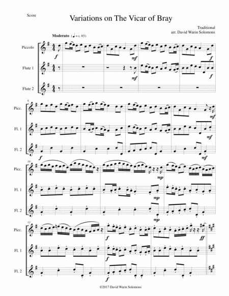 Variations On The Vicar Of Bray For Flute Trio Piccolo And 2 Flutes Sheet Music