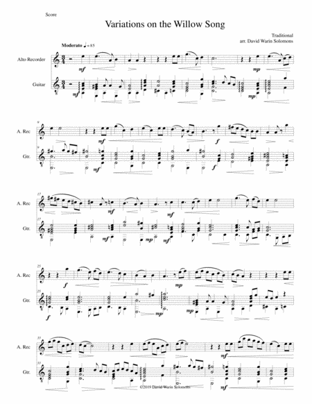 Free Sheet Music Variations On The Willow Song For Alto Recorder And Guitar