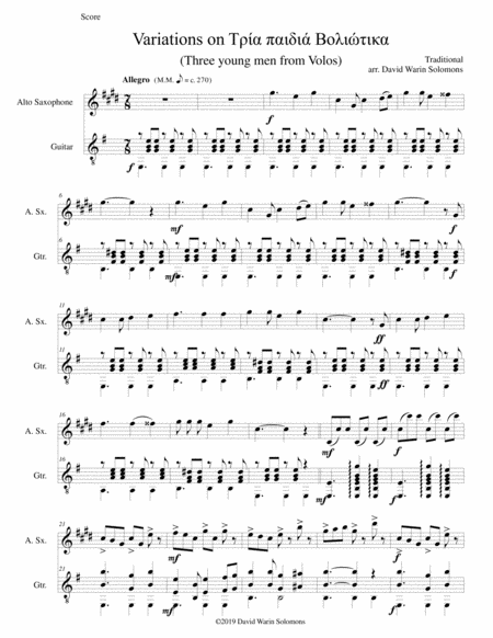 Free Sheet Music Variations On Tria Paidia Voliotika Three Young Men From Volos For Alto Saxophone And Guitar