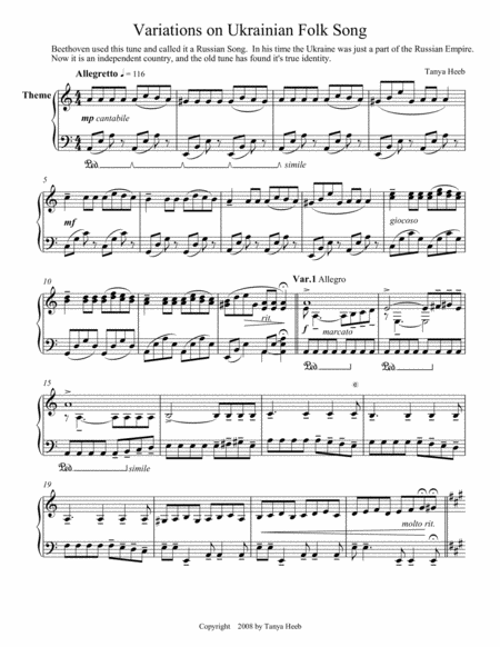 Variations On Ukrainian Folk Song For Piano Sheet Music