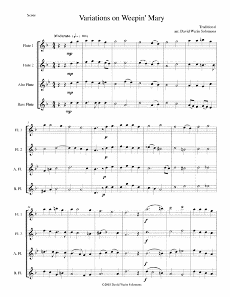 Variations On Weepin Mary For Flute Quartet Sheet Music