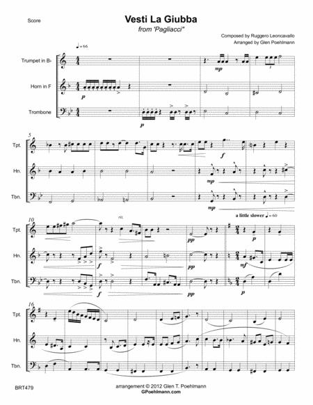 Free Sheet Music Vesti La Giubba From Pagliacci By Ruggero Leoncavallo For Brass Trio