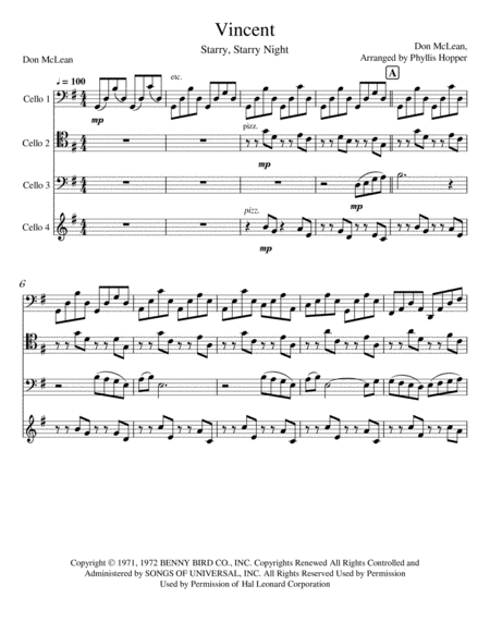 Vincent Starry Starry Night For Cello Quartet Sheet Music