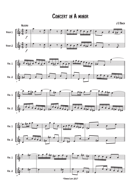 Free Sheet Music Violin Duet Bach Violin Concerto A Minor 1st Movement