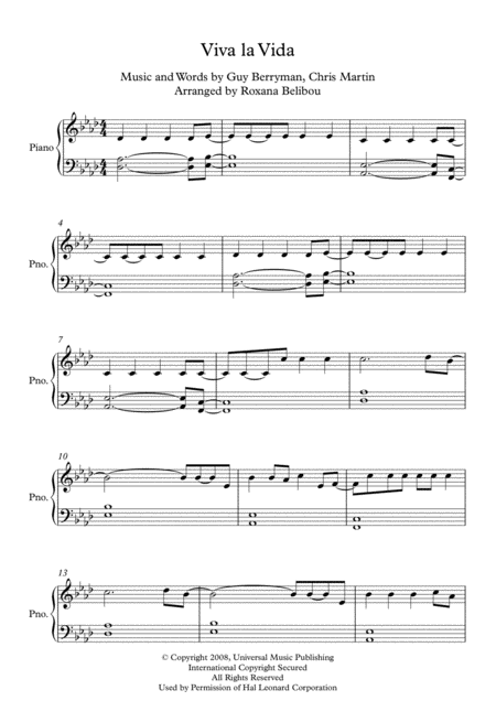 Free Sheet Music Viva La Vida By Coldplay Easy Piano