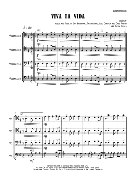 Free Sheet Music Viva La Vida Cello Quartet