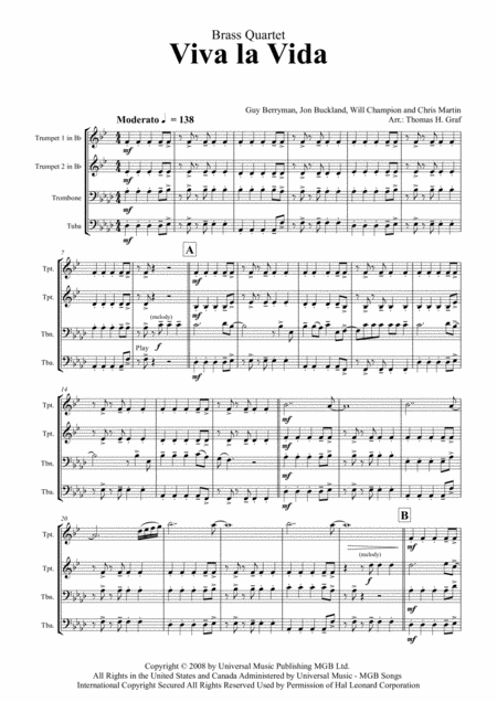 Viva La Vida Cold Play Brass Quartet Sheet Music