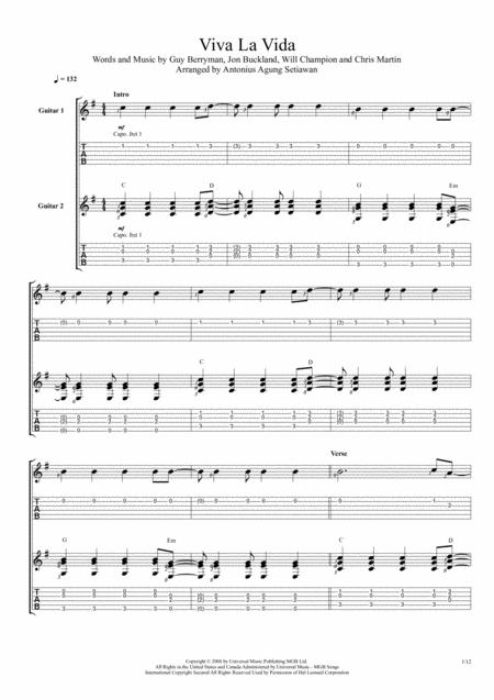 Free Sheet Music Viva La Vida Duet Guitar Tablature