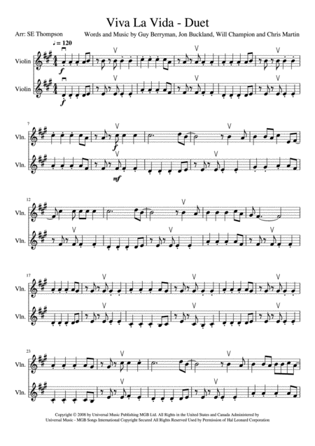 Viva La Vida Duet Sheet Music