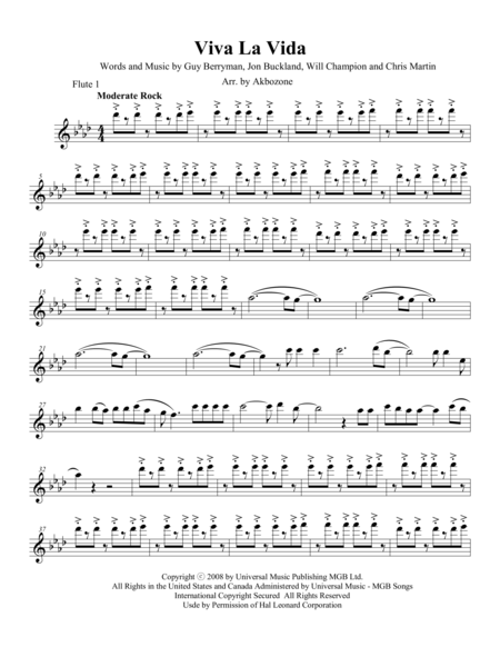 Viva La Vida Flute 1 Part Sheet Music