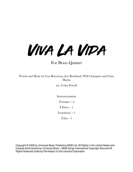 Viva La Vida For Brass Quintet Sheet Music