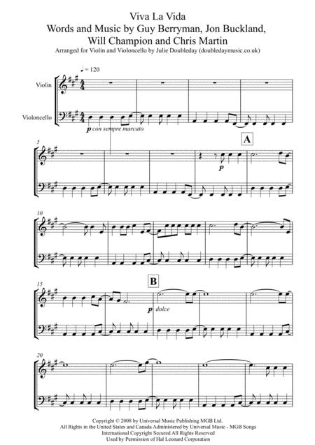 Viva La Vida For Violin And Violoncello Duet Sheet Music