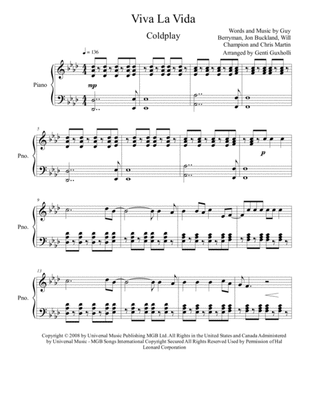 Viva La Vida Piano Solo Sheet Music