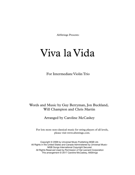 Viva La Vida Violin Trio Sheet Music