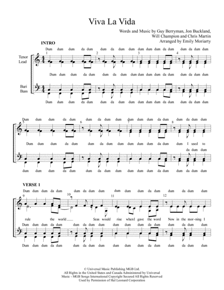 Viva La Vida Womens Barbershop Quartet Sheet Music