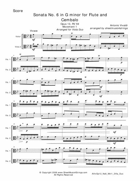 Vivaldi A Sonata No 6 Mvt 1 For Two Violas Sheet Music