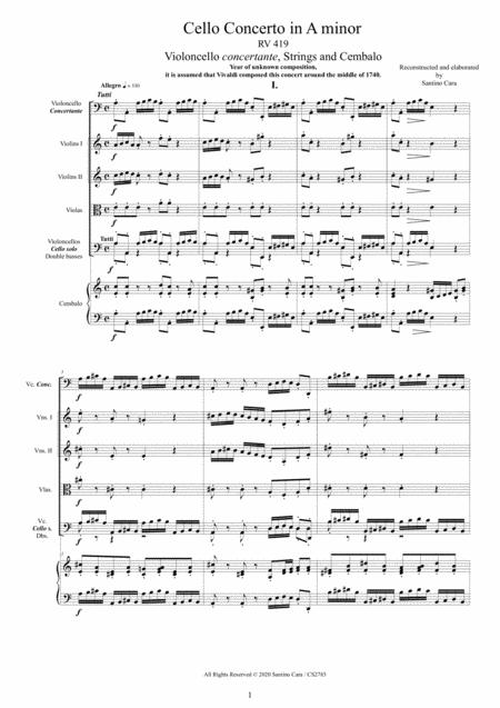 Vivaldi Cello Concerto In A Minor Rv419 For Cello Strings And Cembalo Sheet Music