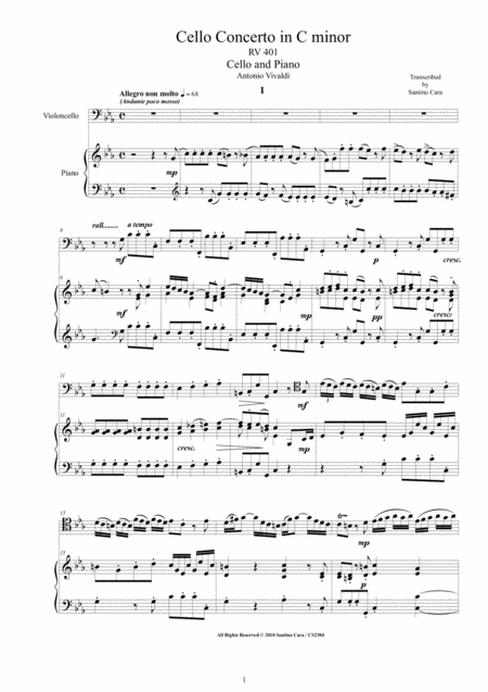 Vivaldi Cello Concerto In C Minor Rv 401 For Cello And Piano Sheet Music