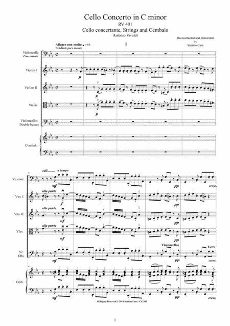 Free Sheet Music Vivaldi Cello Concerto In C Minor Rv 401 For Cello Solo Strings And Cembalo