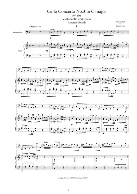 Free Sheet Music Vivaldi Cello Concerto No 3 In C Major Rv 400 For Cello And Piano