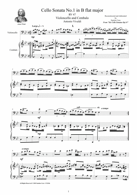 Free Sheet Music Vivaldi Cello Sonata No 1 In B Flat Op 14 Rv 47 For Cello And Cembalo Or Piano