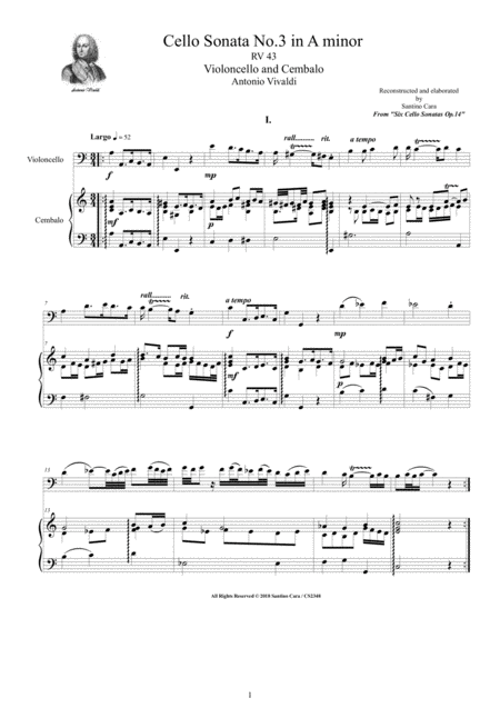 Free Sheet Music Vivaldi Cello Sonata No 3 In A Minor Op 14 Rv 43 For Cello And Cembalo Or Piano