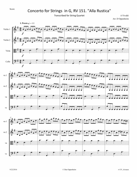 Vivaldi Concerto For Strings In G Rv 151 Alla Rustica Arr For String Quartet Sheet Music