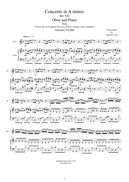 Free Sheet Music Vivaldi Concerto In A Minor Rv 536 For Oboe And Piano