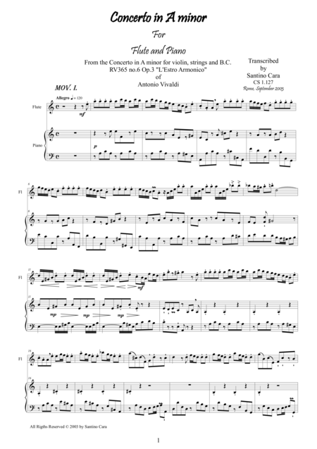 Vivaldi Concerto In A Minor Rv365 N 6 Op 3 For Flute And Piano Sheet Music