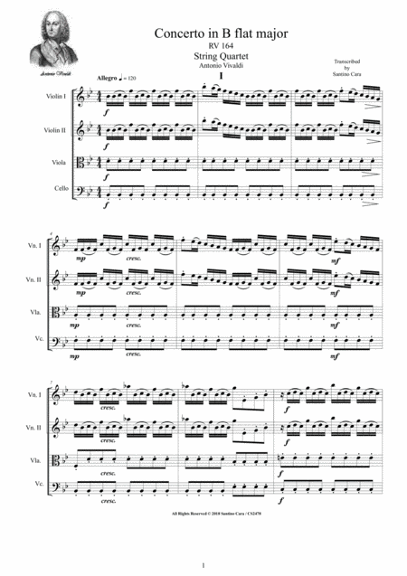 Free Sheet Music Vivaldi Concerto In B Flat Major Rv 164 For String Quartet