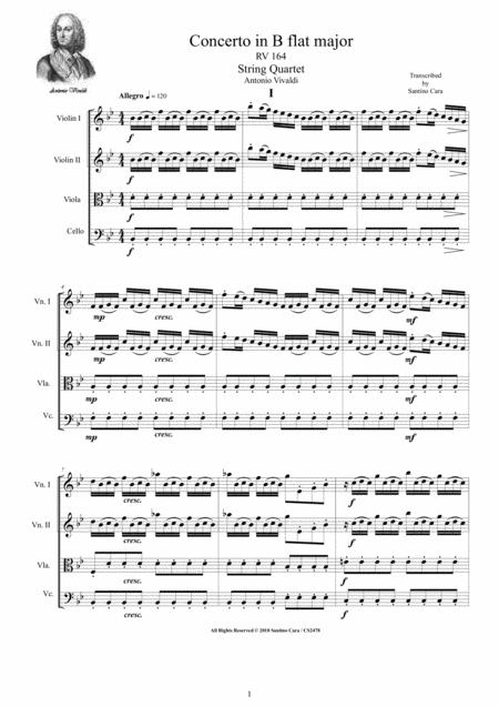 Vivaldi Concerto In B Flat Major Rv 164 For String Quartet Sheet Music