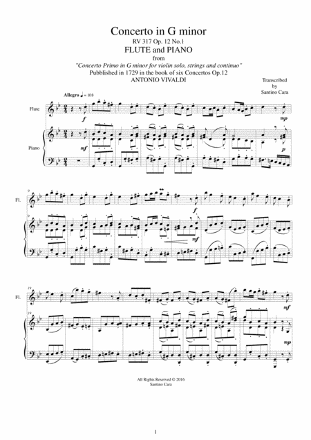 Vivaldi Concerto In G Minor Rv 317 Op 12 No 1 Flute And Piano Sheet Music