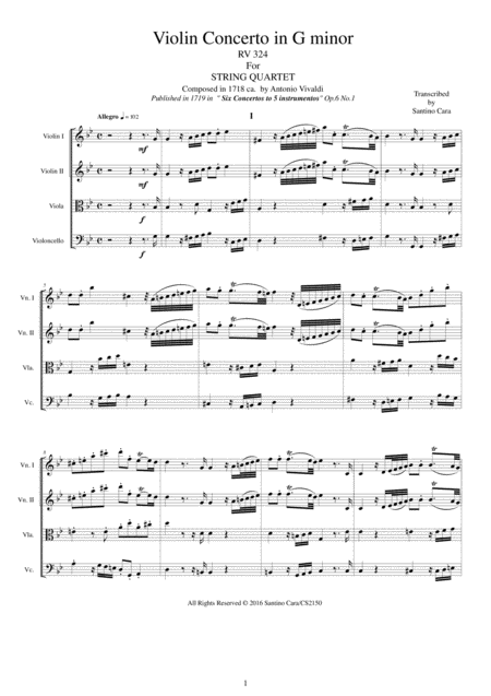 Vivaldi Concerto In G Minor Rv 324 Op 6 No 1 For String Quartet Sheet Music