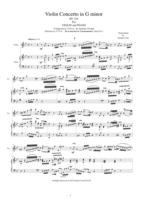 Free Sheet Music Vivaldi Concerto In G Minor Rv 324 Op 6 No 1 For Violin And Piano