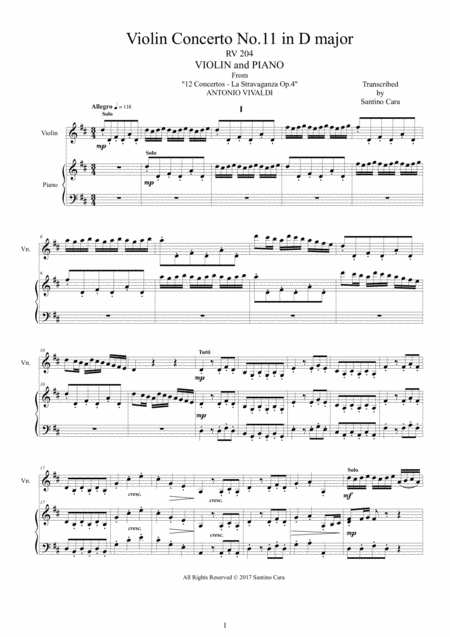 Free Sheet Music Vivaldi Concerto No 11 In D Major Op 4 Rv 204 For Violin And Piano