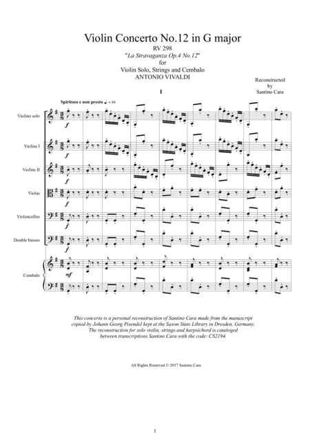 Free Sheet Music Vivaldi Concerto No 12 In G Major Rv 298 Op 4 For Violin Solo Strings And Cembalo